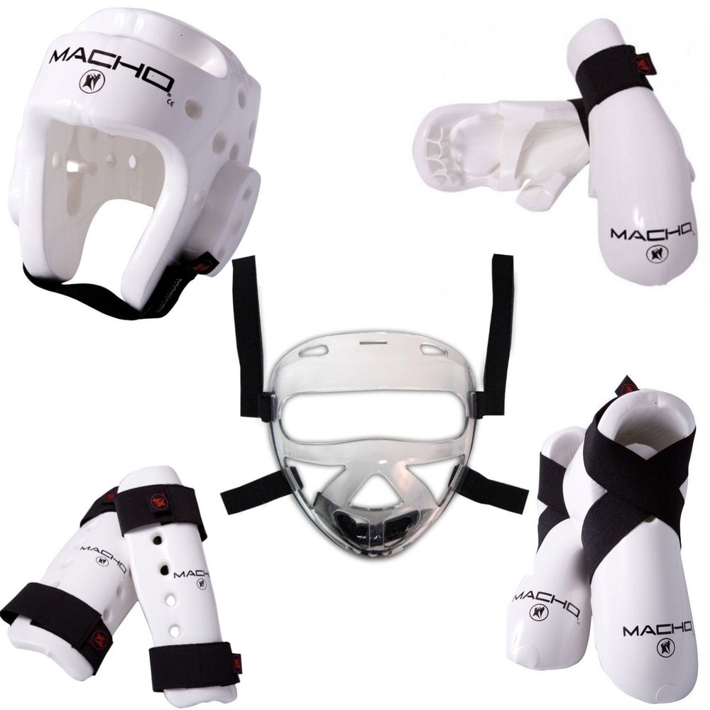 Macho Dyna 8 piece sparring gear set with shin guards and face shield white adult Xlarge