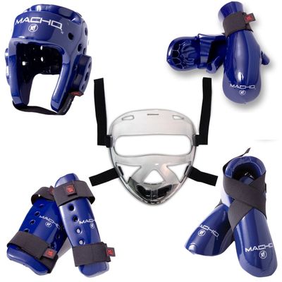 Macho Dyna 8 piece sparring gear set with shin guards and face shield blue adult small