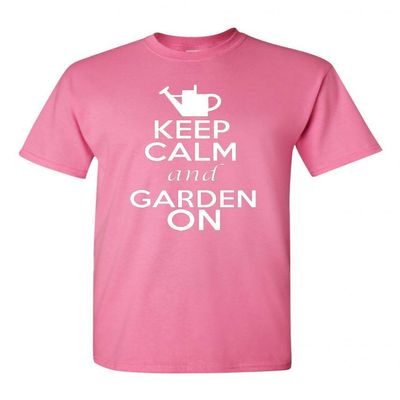 Keep Calm and Garden On Adult Unisex T-Shirt Tee (Medium, Pink)