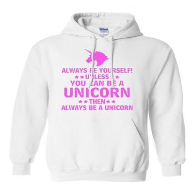 Adult Always Be Yourself Unless You Can Be A Unicorn Hoodie Sweatshirt (Large, White w/Neon Pink)
