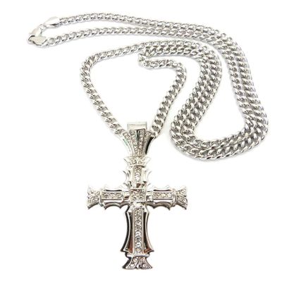 NYFASHION101 Edged Cross Rhinestone Pendant w/ 36" Miami Cuban Chain Necklace, Silver-Tone
