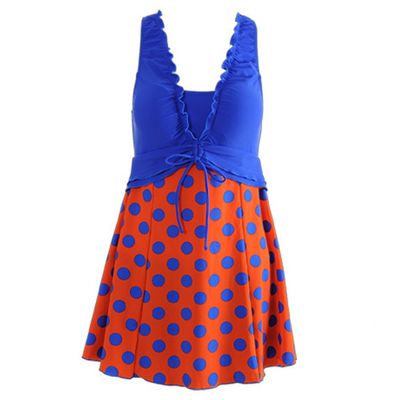 BIKMAN Falbala and Polka Dot Decoration Swimwear Plus Size Bathing Suits for Women (Blue and Orange, XXL(Weight:149lbs-171lbs))