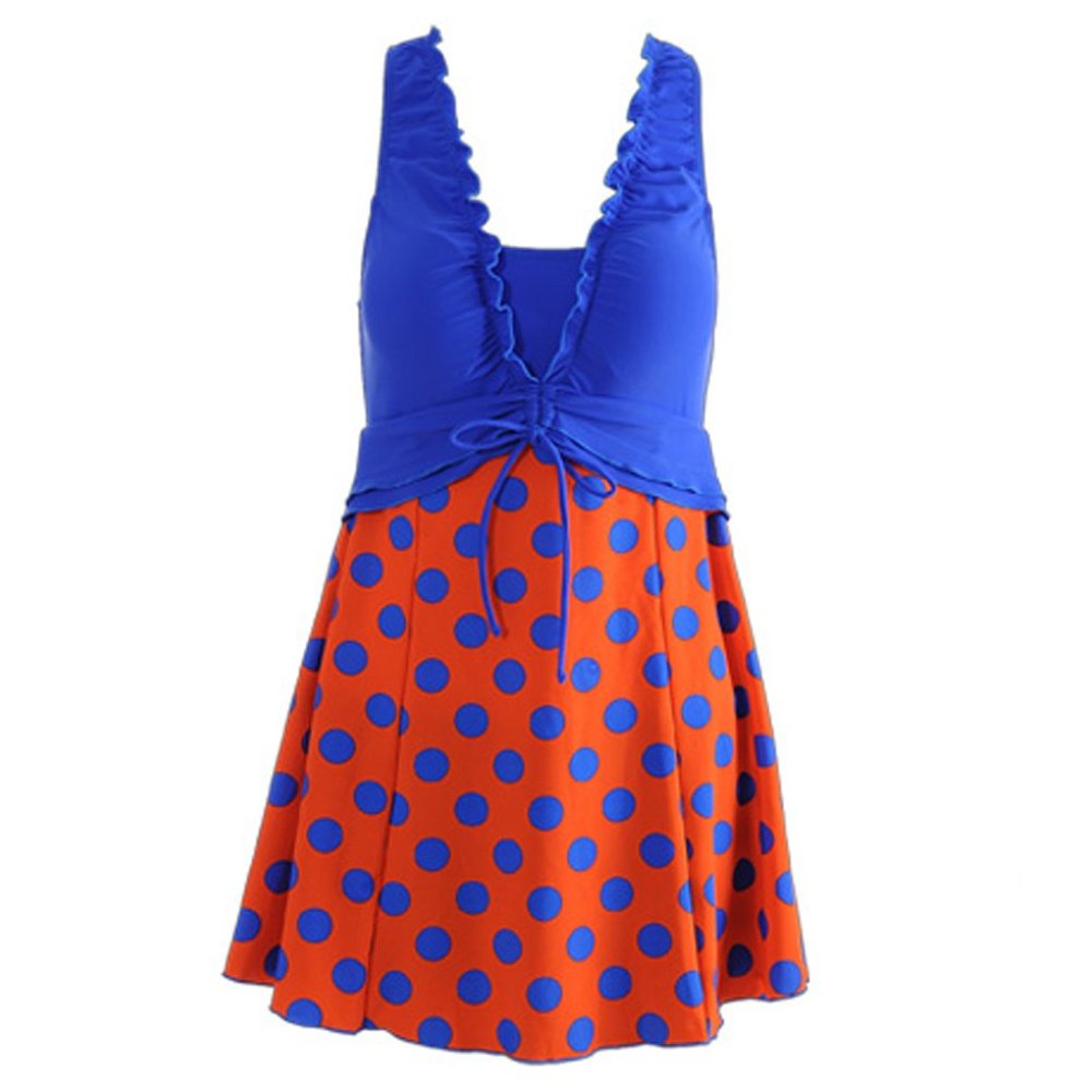 BIKMAN Falbala and Polka Dot Decoration Swimwear Plus Size Bathing Suits for Women (Blue and Orange, XXL(Weight:149lbs-171lbs))