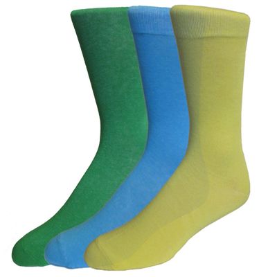 Fine Fit Men's Fancy Colorful Solid Cotton Socks (3 Pairs) (Blue/Green/Yellow)