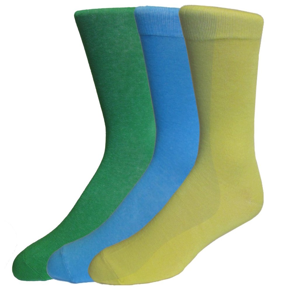 Fine Fit Men's Fancy Colorful Solid Cotton Socks (3 Pairs) (Blue/Green/Yellow)