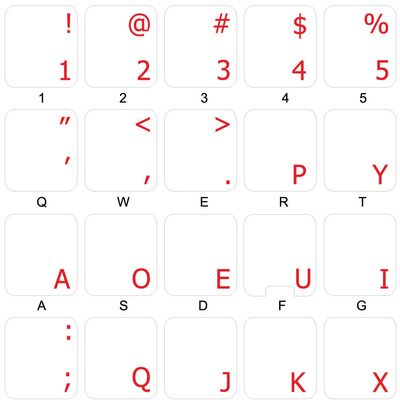 Dvorak Keyboard Decals ON Transparent Background with Blue, Orange, RED, White OR Yellow Lettering (Red)