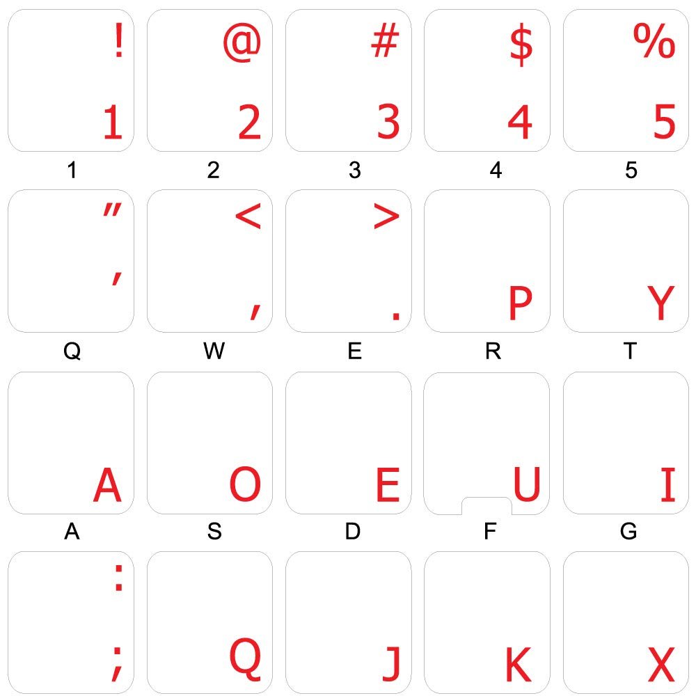 Dvorak Keyboard Decals ON Transparent Background with Blue, Orange, RED, White OR Yellow Lettering (Red)