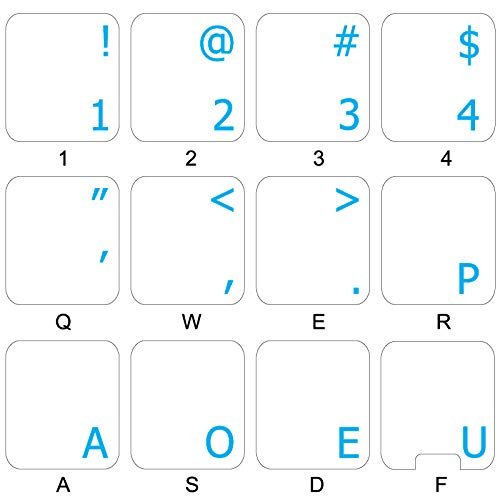 DVORAK NEW KEYBOARD DECALS ON TRANSPARENT BACKGROUND with BLUE, ORANGE, RED, WHITE OR YELLOW LETTERING (Blue)