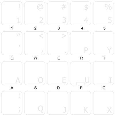 Dvorak Keyboard Decals ON Transparent Background with Blue, Orange, RED, White OR Yellow Lettering (White)