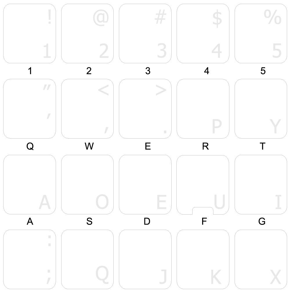 Dvorak Keyboard Decals ON Transparent Background with Blue, Orange, RED, White OR Yellow Lettering (White)