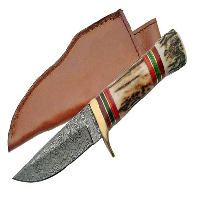 SANZ Damascus Hunting Knife 7 Inch - Camping Knife with Stag Handle, Damascus Steel Blade & Sheath - Pocket Knife for Hunting, Outdoor uses & Camping