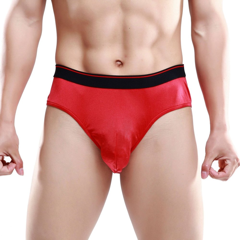 100% Silk Knit Mens Wide Waistband Briefs Men's[USXL,Red]