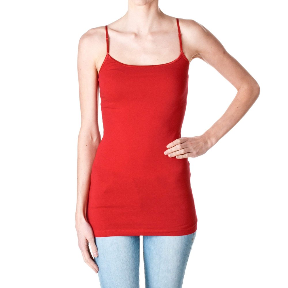 Plain Long Spaghetti Strap Tank Top Camis Basic Camisole Cotton, Red, Size Medium