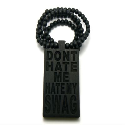 NYFASHION101 Don't Hate My Swag Wood Plaque Pendant 36" Wooden Bead Chain Necklace, Black