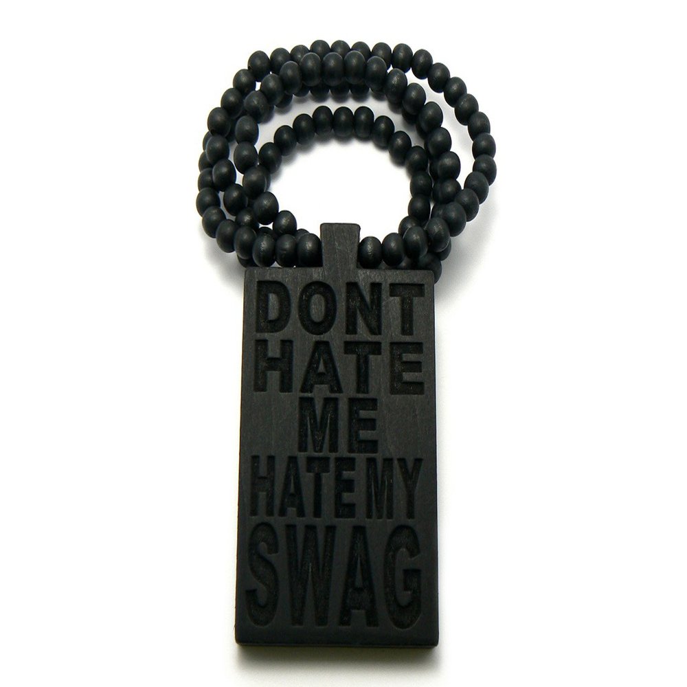 NYFASHION101 Don't Hate My Swag Wood Plaque Pendant 36" Wooden Bead Chain Necklace, Black