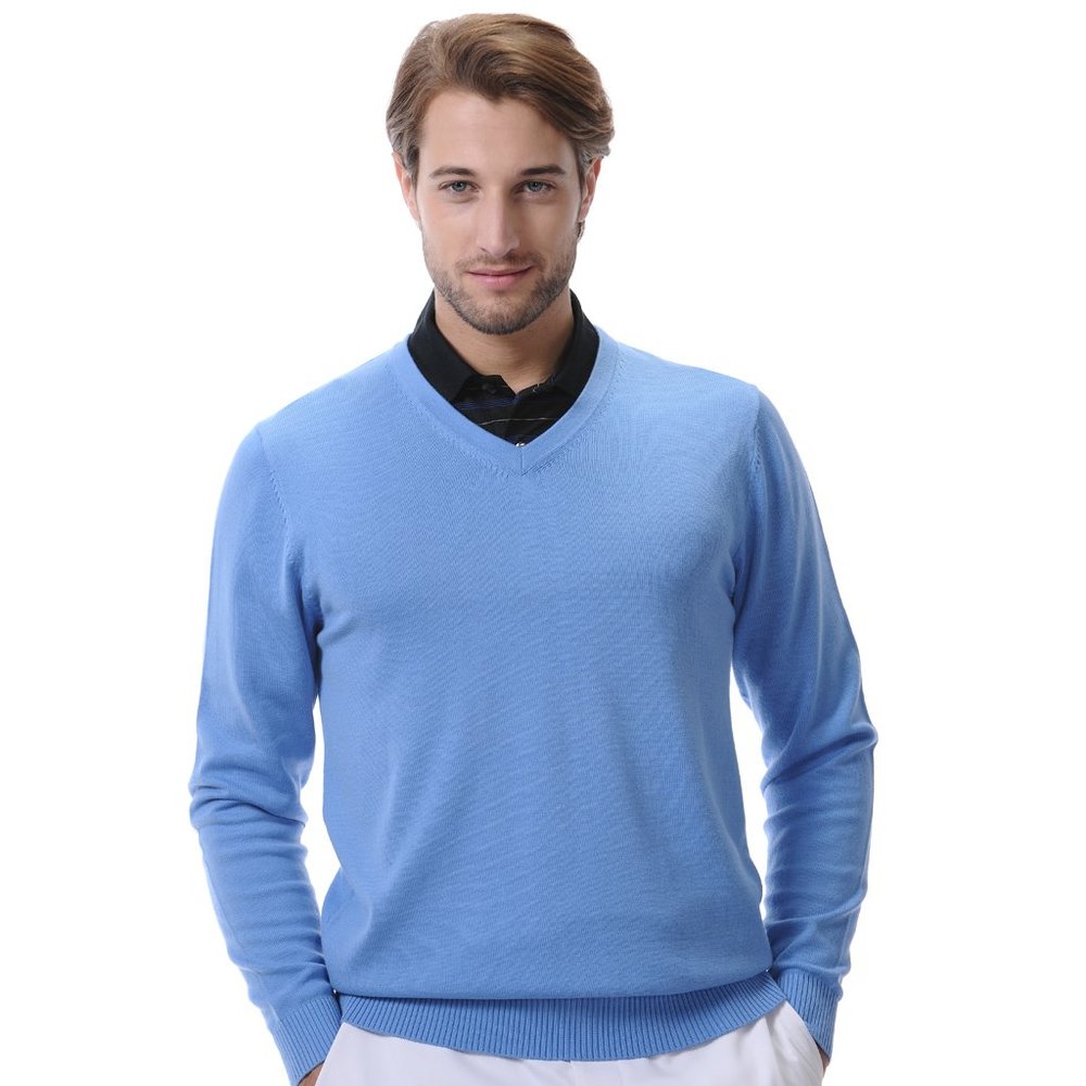 Monterey Club Men's Fine Gauge Knit V-Neck Sweater #1948 (Sky Blue, Large)