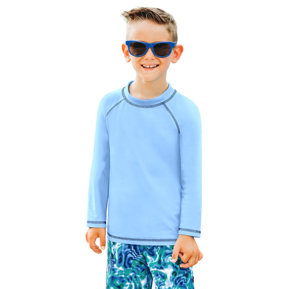 City Threads Boys Rashguard Swim Shirt UPF 50+ Soft Comfortable Durable Sun Protection Made in USA, Bright Light Blue, 9-12 Months