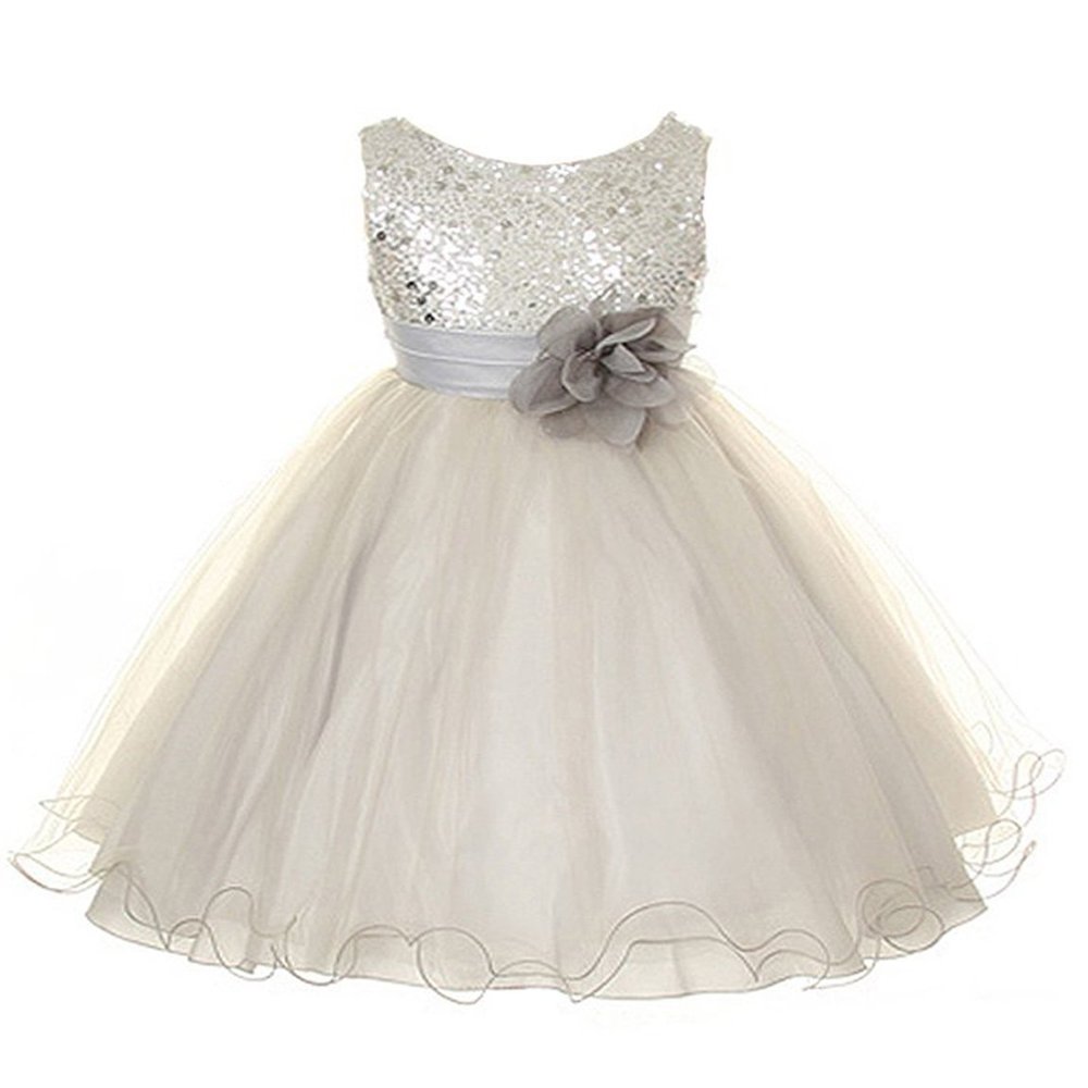Absolutely Beautiful Sequined Bodice with Double Tulle Skirt Party flower Girl Dress-KD305-Silver-M