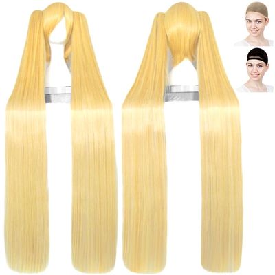 CaseEden AKB0048 VOCALOID Cosplay Wig, Hatsune Miku Gold Miku P-Style CG, Abokunel, Abokunel, Yuka Ichijo & Vance, 47.2 inches (120 cm), Mixed Gold, Blonde, White Merce Wig Net, Set of 2