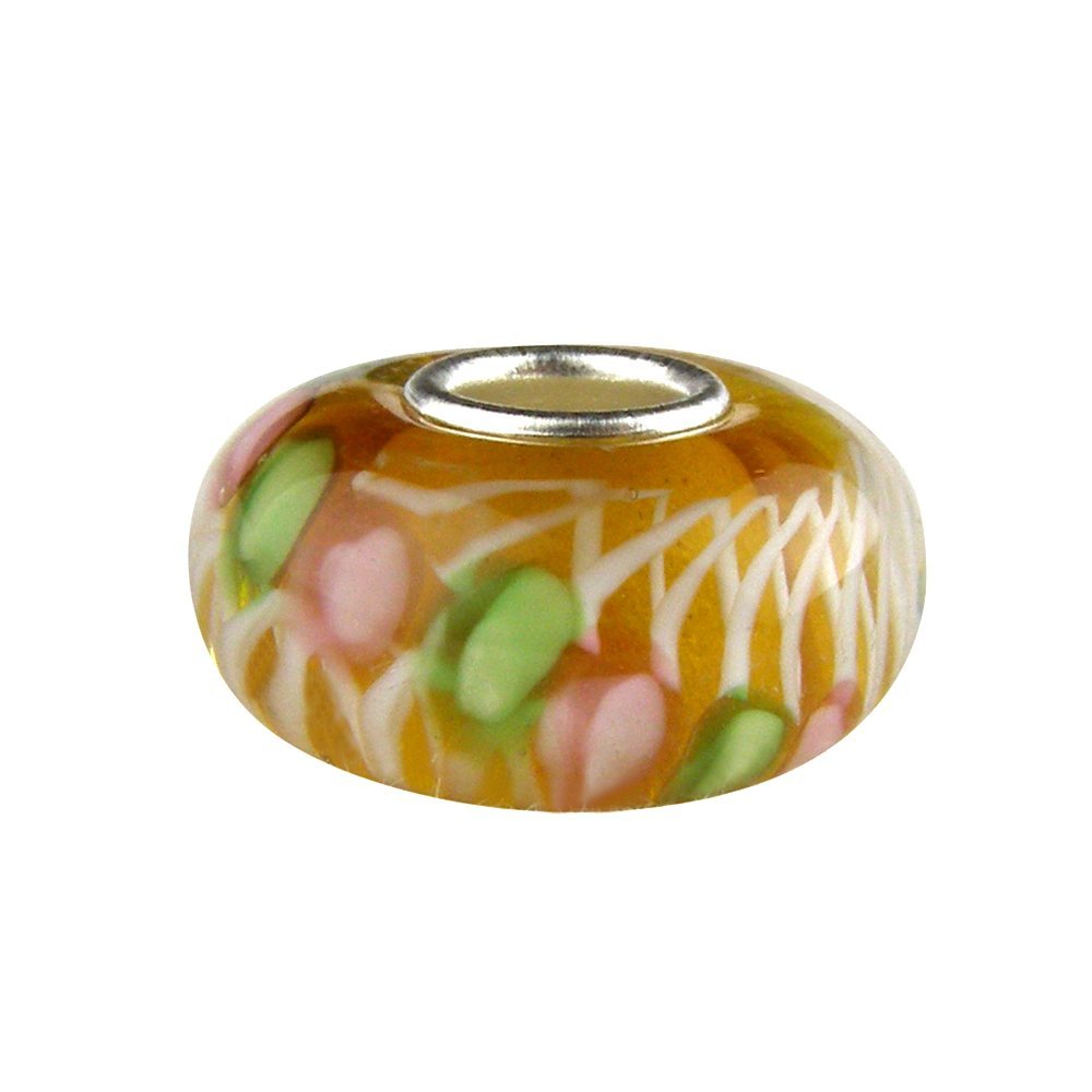 Universal Glass Bead Amber with Pink and Green Flowers