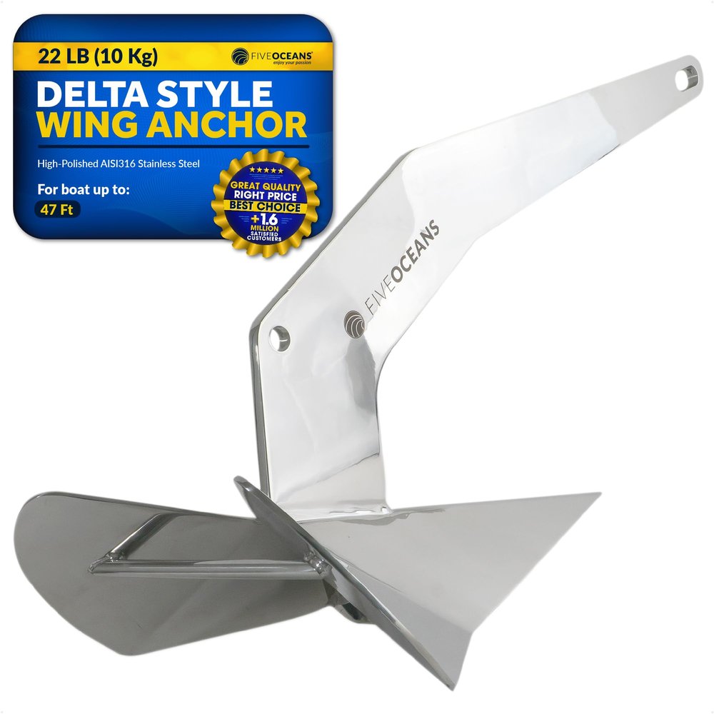 Five Oceans Delta Style Wing Boat Anchor, 22 Lb / 10 Kg Stainless Steel Boat Anchors, Premium Series, for Pontoon, Fishing Boats, Bass Boats, Sport Boats, Sport Yachts, Sailboats - FO3689
