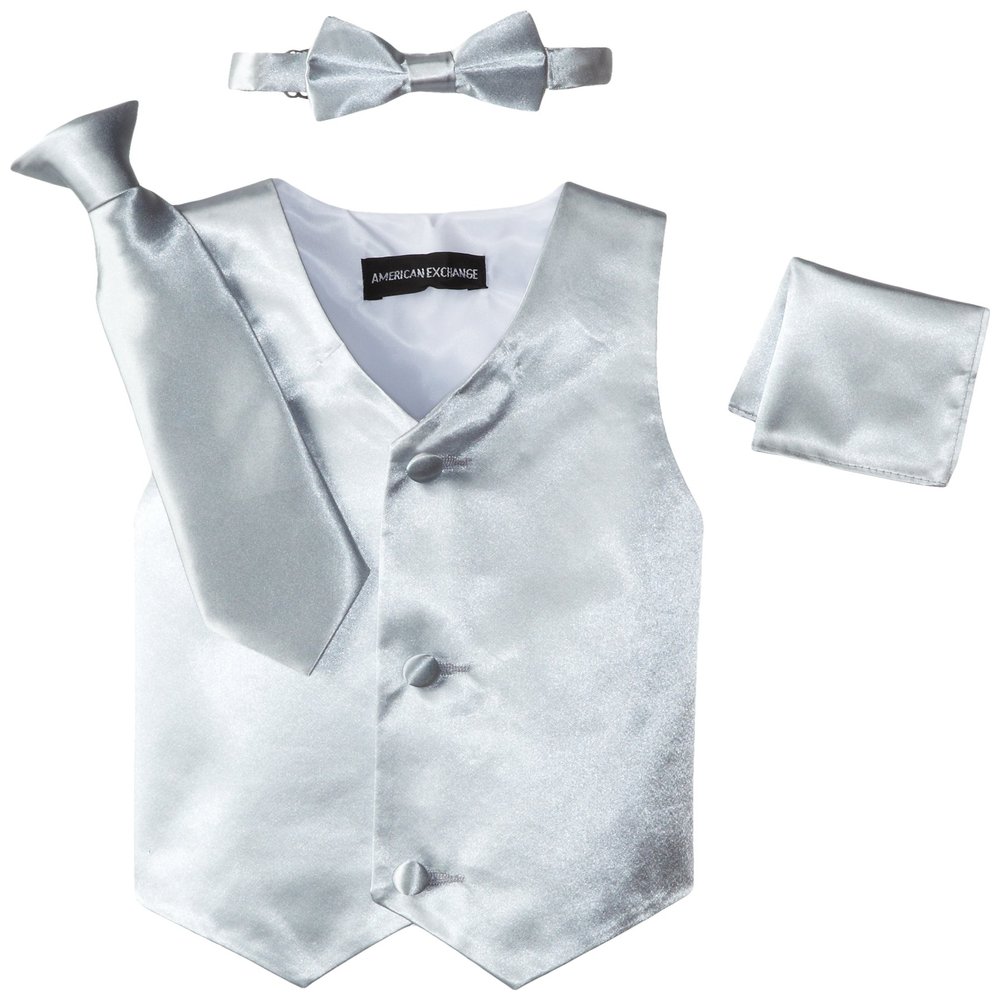 American Exchange Big Boys' Boys Satin 4 Piece Vest Set, Silver, 12