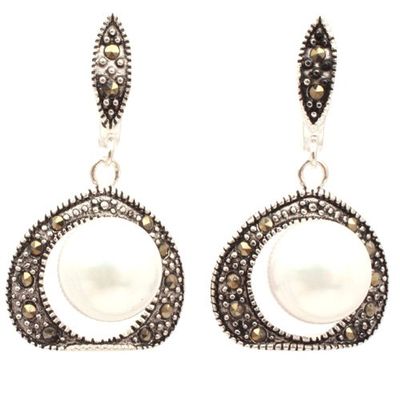 10mm rhombic white pearl beads tibetan silver marcasite base dangle earringsjewelry?