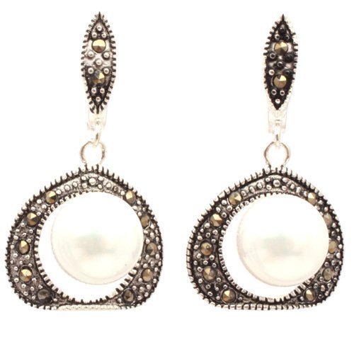10mm rhombic white pearl beads tibetan silver marcasite base dangle earringsjewelry?