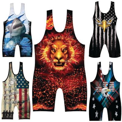 4 Time All American Sublimated Wrestling Singlet  Stitched & Durable Mens Singlet  Singlet for Wrestling, MMA & Powerlifting Wrestling Singlet Youth Boys (Fire Lion, XS 71-90 lbs.)