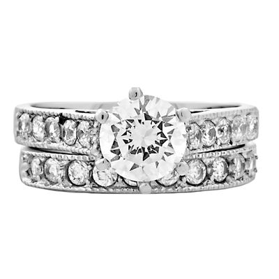 1000 Jewels Jaclyn: 2.45ct 2 pc Brilliant Cut Ice on Fire CZ 6-Prong Style Wedding Ring Set Steel, 3194B sz 5.0