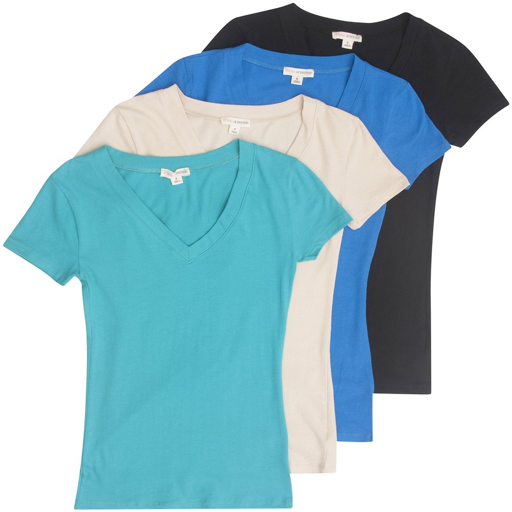 4 Pack Zenana Women's Basic V-Neck T-Shirts Med Black, Taupe, S Teal, B Blue
