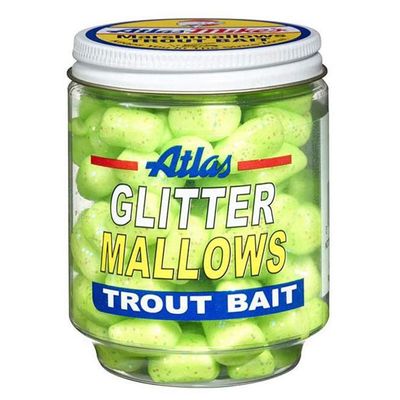 ATLAS-MIKE'S 32039 Glitter Mallows, Chartreuse/Garlic - Floating Scented Trout Bait  Keeps Hooks Off Bottom & Attracts More Fish  Use Alone or with Salmon Eggs or Nightcrawlers  1.5 oz Jar