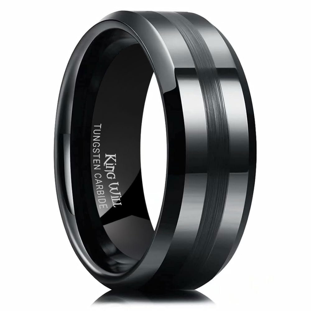 King Will 8mm Tungsten Carbide Ring for Men Black Wedding Band Matte Brushed Polish Finish 14