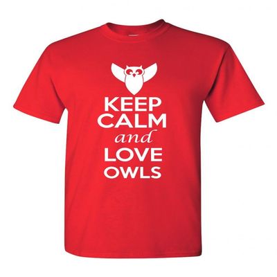Keep Calm and Love Owls Birds Novelty Statement Unisex Adult T-Shirt Tee (X Large, Red)