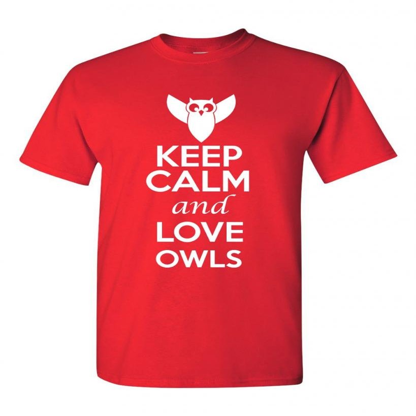 Keep Calm and Love Owls Birds Novelty Statement Unisex Adult T-Shirt Tee (X Large, Red)