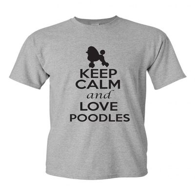 Keep Calm and Love Poodles Dogs Novelty Statement Unisex Adult T-Shirt Tee (Large, Grey w/Black)