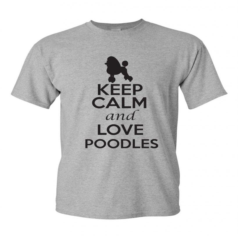 Keep Calm and Love Poodles Dogs Novelty Statement Unisex Adult T-Shirt Tee (Large, Grey w/Black)