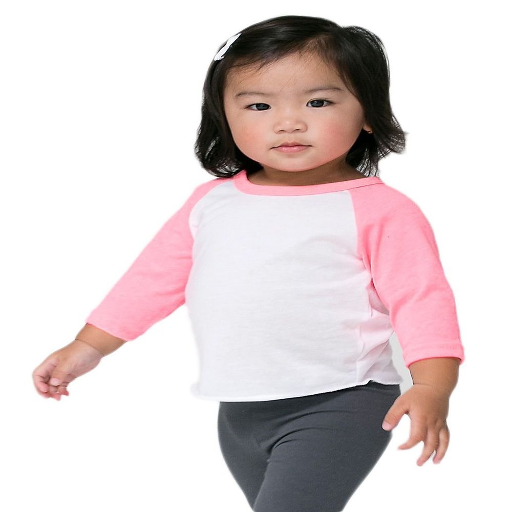 American Apparel Infant Neon Poly-Cotton 3/4 Sleeve Raglan - White/Neon Heather Pink / 12-18M