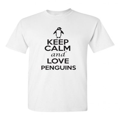 Keep Calm and Love Penguins Birds Novelty Statement Unisex Adult T-Shirt Tee (Large, White w/Black)