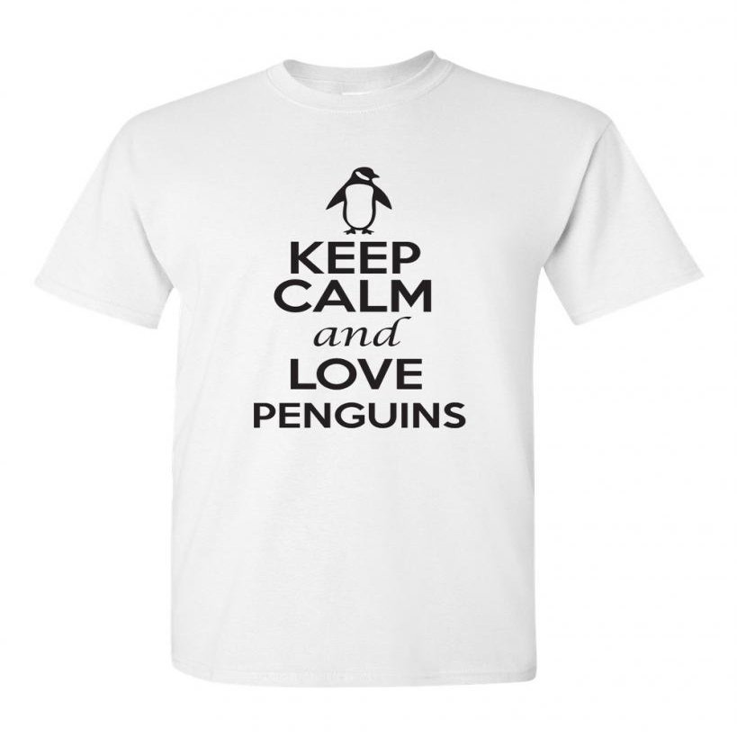 Keep Calm and Love Penguins Birds Novelty Statement Unisex Adult T-Shirt Tee (Large, White w/Black)