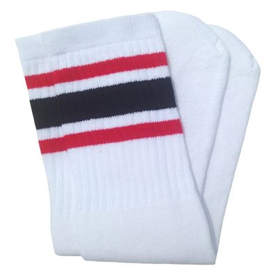 American Made Mid Calf White Tube Socks with Red-Black stripes style 3 for Women, Men, and all Individuals