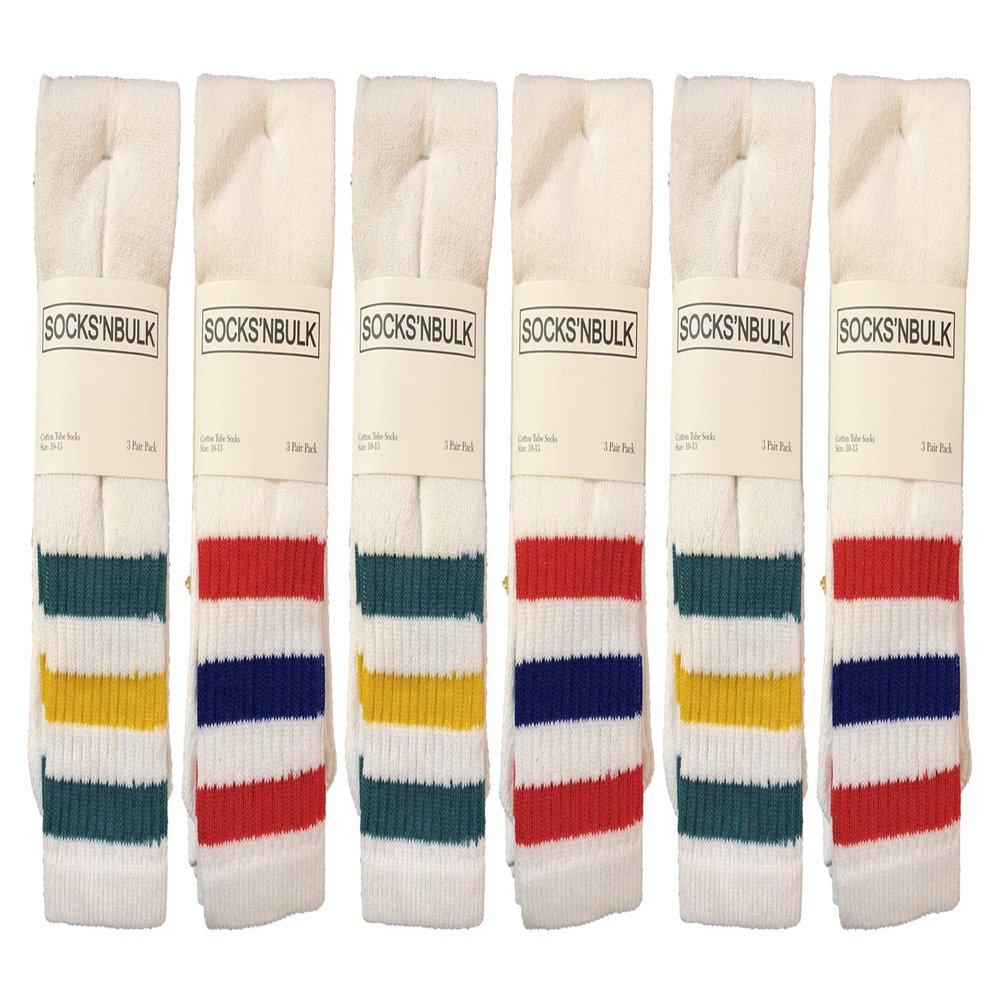 Yacht & Smith 6 Pairs Of Mens & Womens Wholesale Bulk Cotton Tube Socks, Referee Style, by SOCKS'NBULK (6 Pairs White w/Stripes, Mens 10-13 (Shoe Size 7-12))