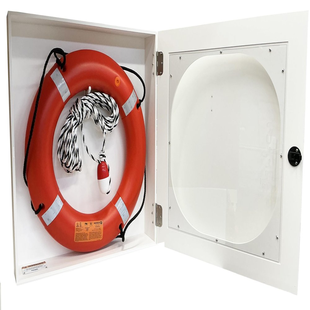 Aquatic Technology Safety Station Cabinet Equipped with 24 Inch USCG Life Ring Buoy and Throw Line - Orange