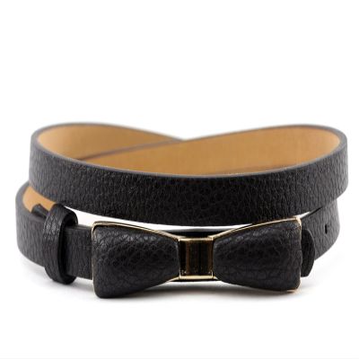 NYFASHION101 Stylish Faux Leather Skinny Belt with Gold Tone Mini Bow Accent, Brown, S