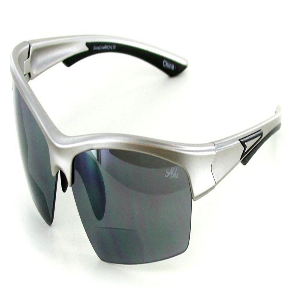 Aloha Eyewear "Stone Creek MX2" Bifocal Sunglasses with Wrap-Around Sports Design and Mirror Lenses (Silver w/Smoke Lens +2.50)