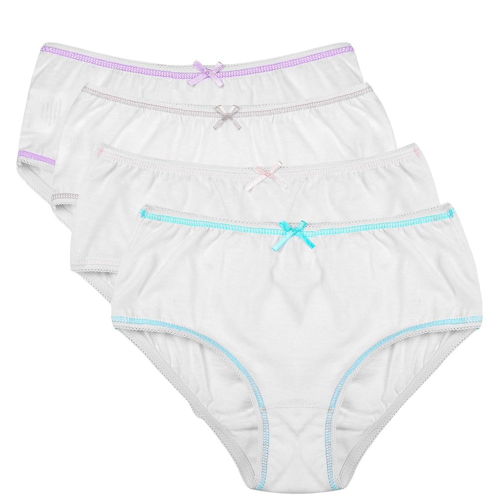 Buyless Fashion Girls Panties White Soft Cotton Briefs Underwear with Colored Trim 4 Pack - BW14-GW-1-2
