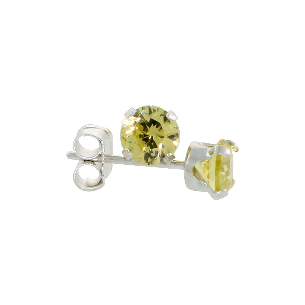 3 Pair Set Sterling Silver Cubic Zirconia Citrine Studs Earrings 4 mm Yellow Color 1/2 carat/pair