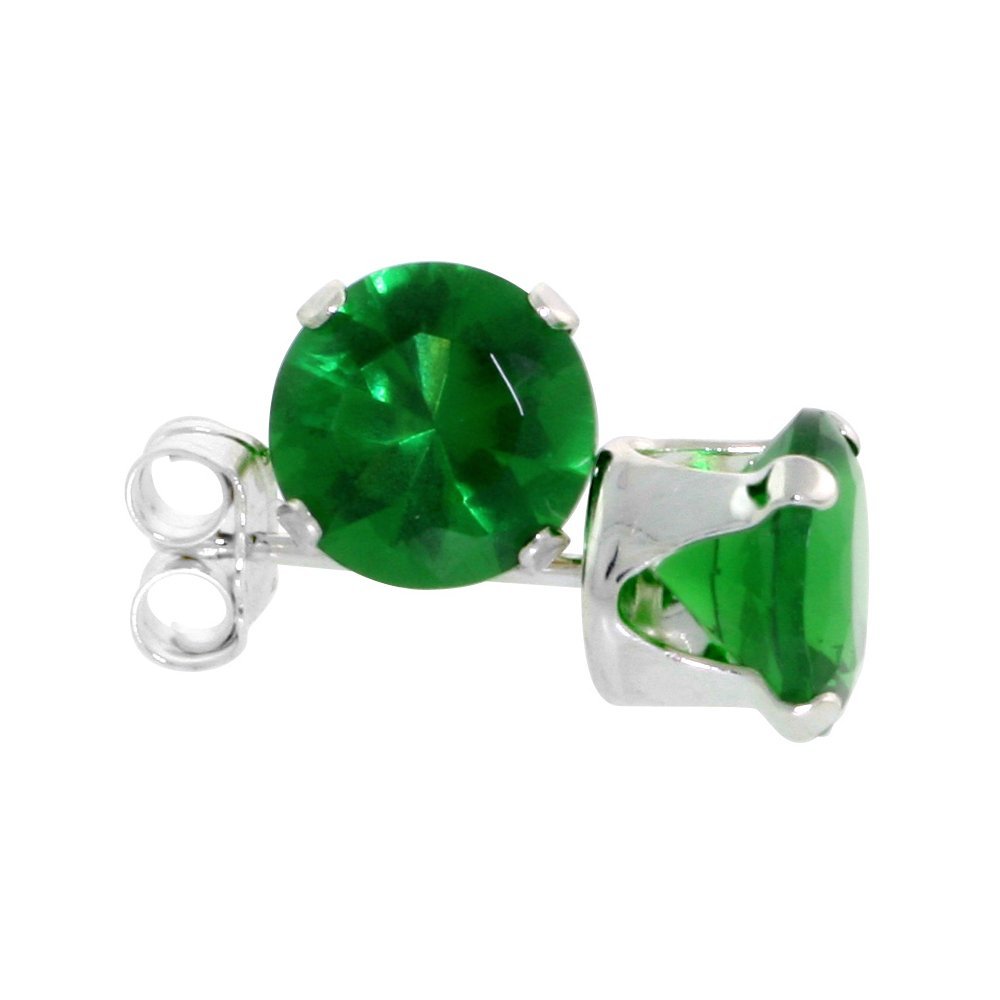 3 Pair Set Sterling Silver Cubic Zirconia Emerald Studs Earrings 6 mm Green Color 2 carat/pair