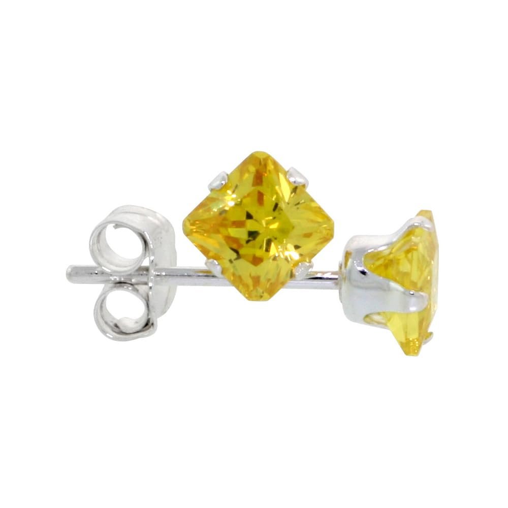 3 Pair Set Sterling Silver Cubic Zirconia Square Citrine Earrings Studs 4 mm Princess cut Yellow 3/4 ct./pr