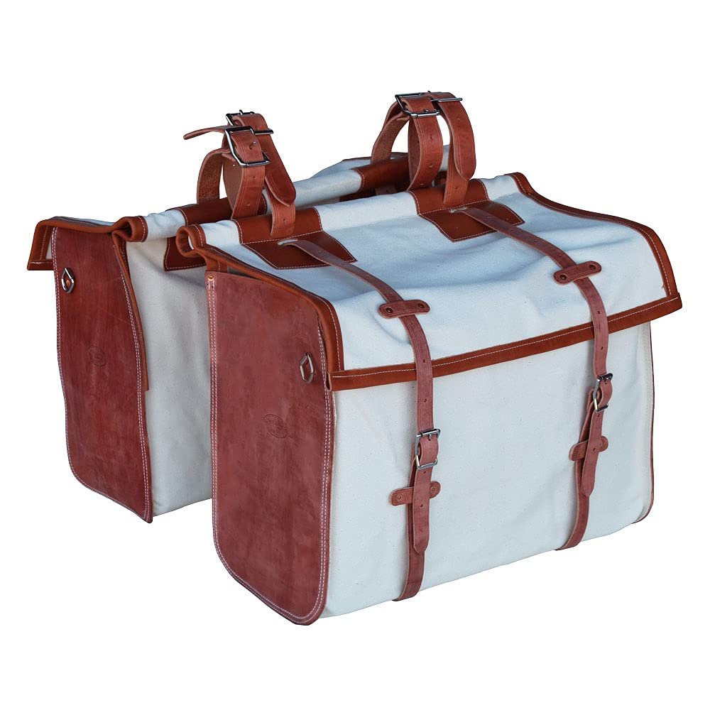 Outfitters Supply Canvas & Leather Panniers, Montana Made, for use on a Pack Saddle, for Horse & Mule Packing, 24 OZ Canvas, Heavy Leather Ends and Straps, Sold as aPair